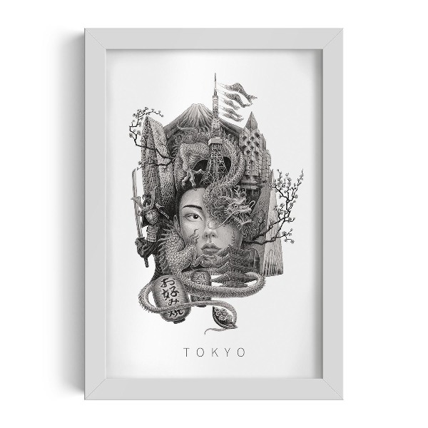 Schilderij met witte lijst Tokio Zwart-Wit