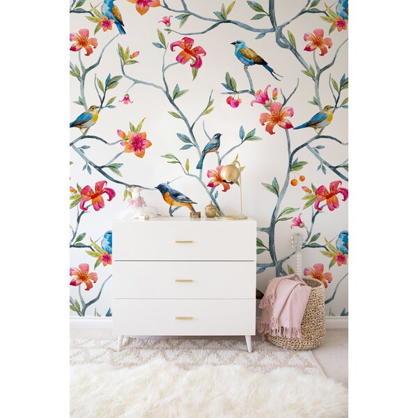 Fotobehang Vogels op bloeiende takken