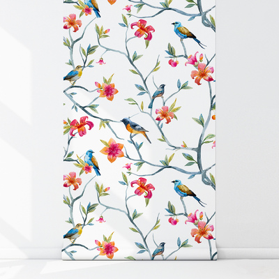 Fotobehang Vogels op bloeiende takken