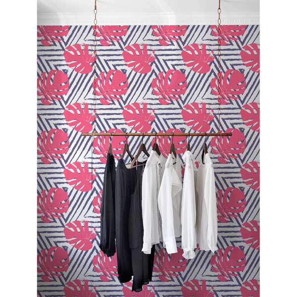 Fotobehang Roze Monstera-bladeren