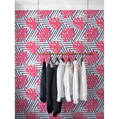 Fotobehang Roze Monstera-bladeren