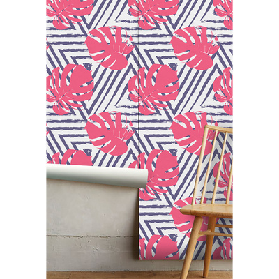 Fotobehang Roze Monstera-bladeren