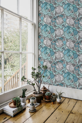 Fotobehang Turquoise bloemperk