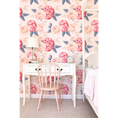 Fotobehang Romantische rozen en hortensia's