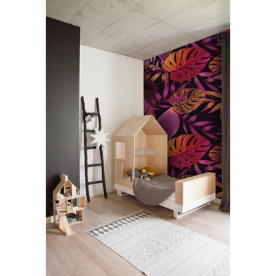 Fotobehang Extravagante regenboog tropische bladeren