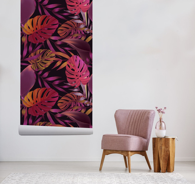 Fotobehang Extravagante regenboog tropische bladeren