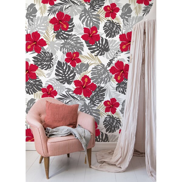 Fotobehang Hibiscus tussen Monstera