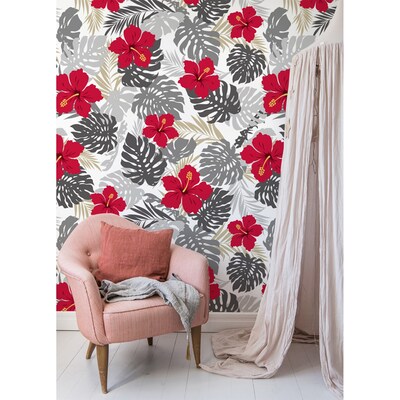 Fotobehang Hibiscus tussen Monstera