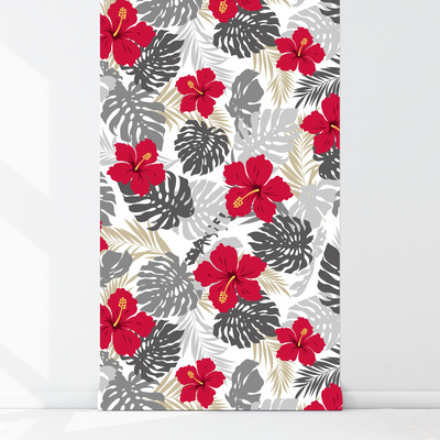 Fotobehang Hibiscus tussen Monstera