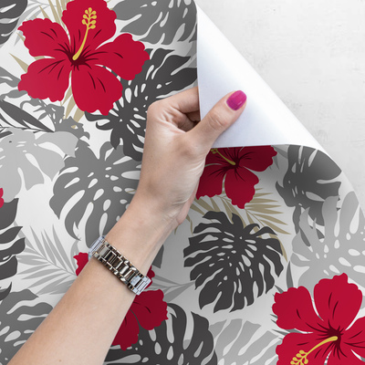 Fotobehang Hibiscus tussen Monstera