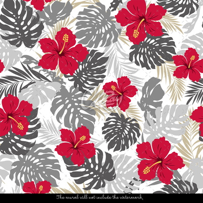 Fotobehang Hibiscus tussen Monstera