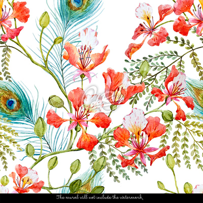 Fotobehang Pauwenveren in bloemen