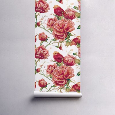 Fotobehang Romantische tuin met rode bloemen