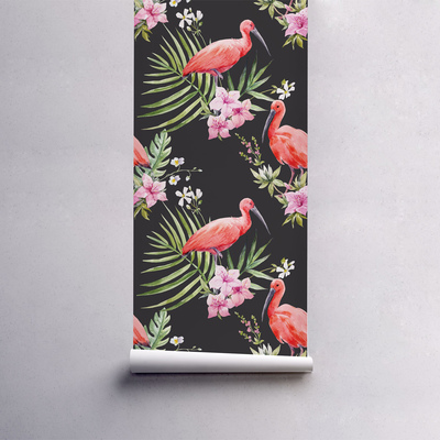 Fotobehang Flamingo's baden in zwart