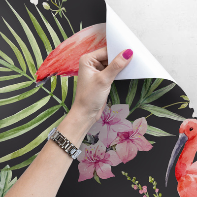 Fotobehang Flamingo's baden in zwart