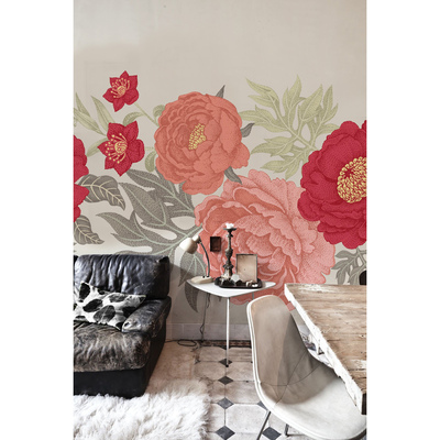 Fotobehang In een tuin vol pioenrozen