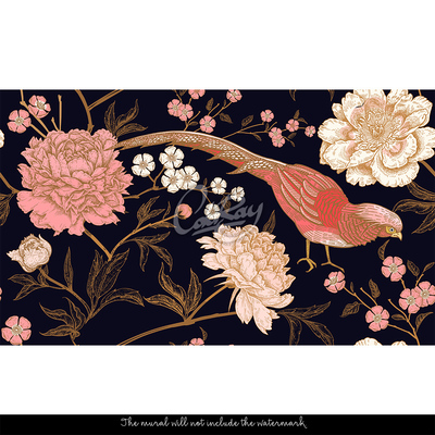 Fotobehang Hier is een vogelradio in een bloemenbos