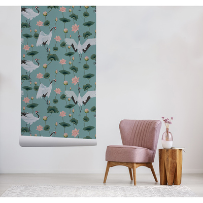 Fotobehang Een zwerm kraanvogels op Mint Meadow