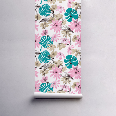 Fotobehang Flamingo's in bloemen