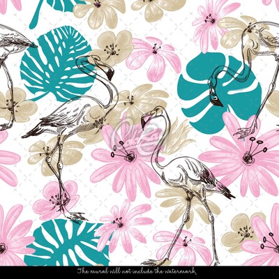 Fotobehang Flamingo's in bloemen