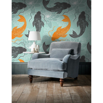 Fotobehang Koi tussen bloemen