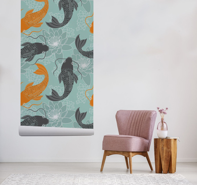 Fotobehang Koi tussen bloemen