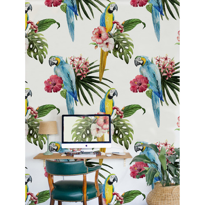 Fotobehang Luie papegaaien tussen de bloemen