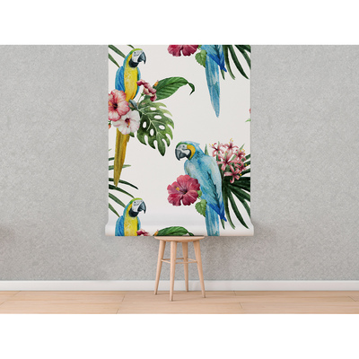 Fotobehang Luie papegaaien tussen de bloemen