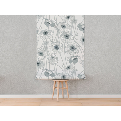 Fotobehang Witte klaprozen klampen zich vast aan de muur