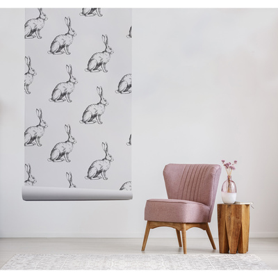 Fotobehang Schop, Schop, Schop de hazen bevelen zichzelf aan bij de muur