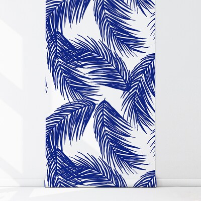 Fotobehang Marineblauwe palmbladeren