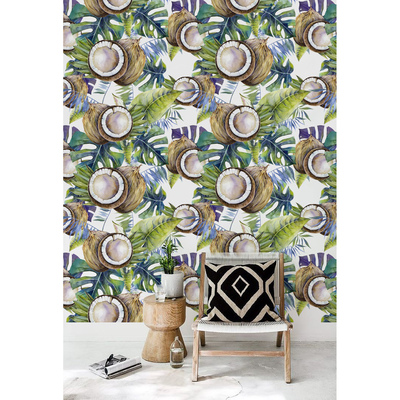 Fotobehang Kokosnoten in sprookjesbladeren