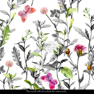 Fotobehang Een weide vol vlinders en bloemen