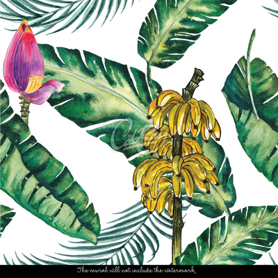 Fotobehang Bloeiende bananenbloemen en -vruchten