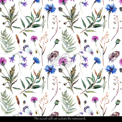 Fotobehang Tussen de korenbloemen en varens