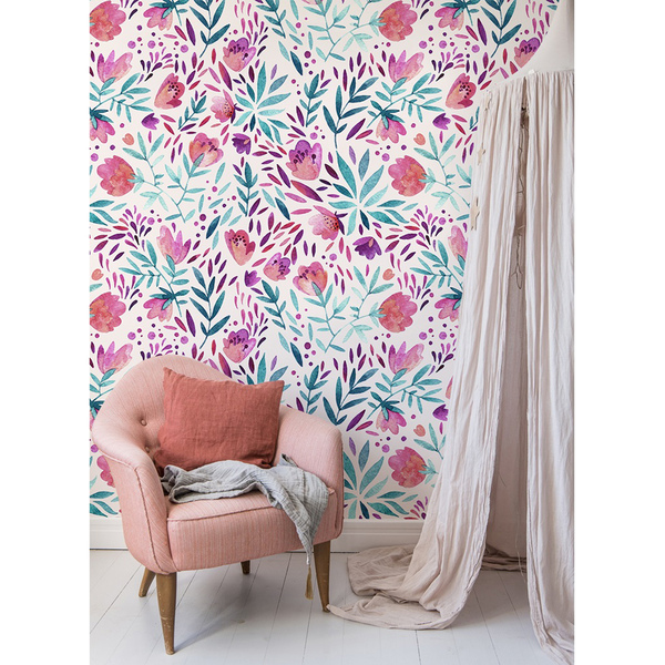 Fotobehang Paarse bloemen in vintage stijl