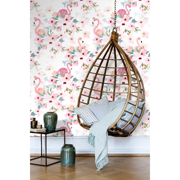 Fotobehang Flamingo's in subtiele bloemen