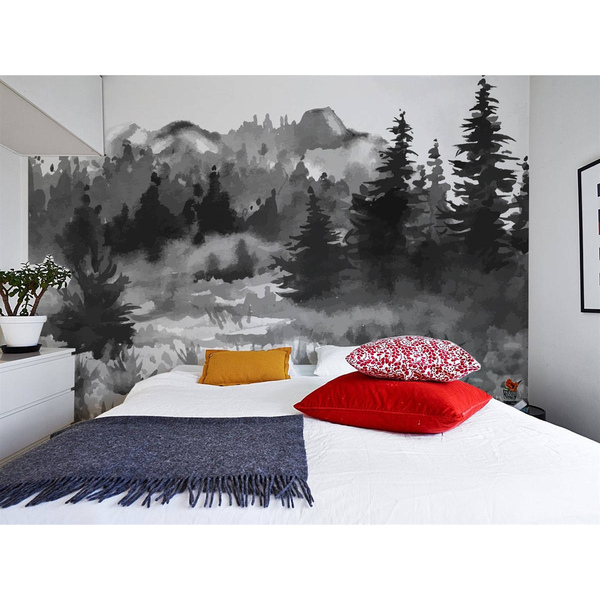 Fotobehang Donker bos in de mist