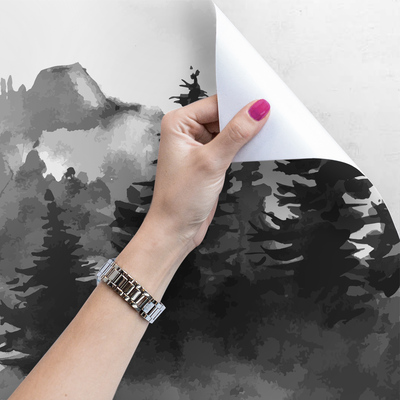 Fotobehang Donker bos in de mist