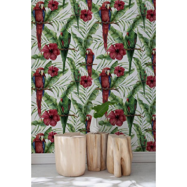 Fotobehang Prachtige papegaaien tussen de bloemen