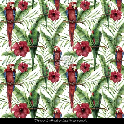 Fotobehang Prachtige papegaaien tussen de bloemen