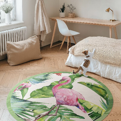 Vinyl vloerkleed rond Flamingo in bananenbladeren