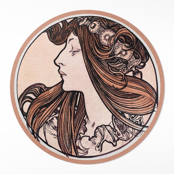 Vinyl vloerkleed rond Glas-in-loodraam met een vrouw van Alfons Mucha