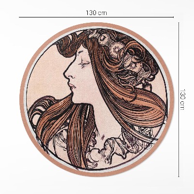 Vinyl vloerkleed rond Glas-in-loodraam met een vrouw van Alfons Mucha