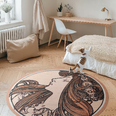 Vinyl vloerkleed rond Glas-in-loodraam met een vrouw van Alfons Mucha