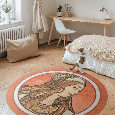 Vinyl vloerkleed rond Vrouw uit het glas-in-loodraam van Alfons Mucha