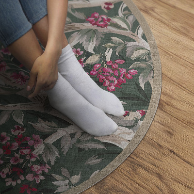 Vinyl vloerkleed rond Takken met bladeren en vintage bloemen