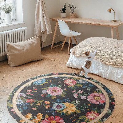 Vinyl vloerkleed rond Rijke kleurrijke bloemen veld weide vintage
