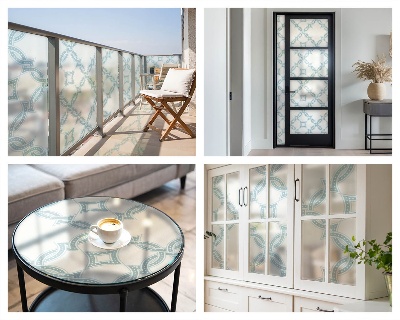 Melkglas folie met glas in lood effect Blauwe geometrie