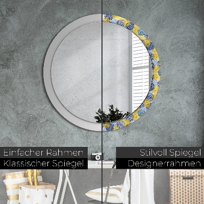 Ronde spiegel met decoratie Blauwe bloemen